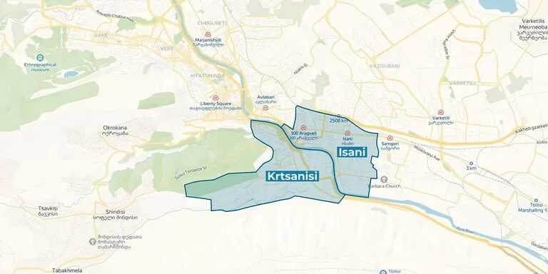 Location of southern districts on the map of Tbilisi