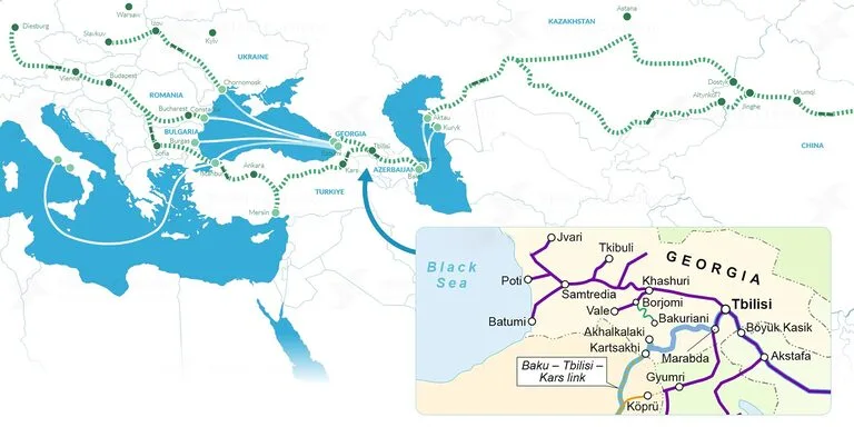 Middle corridor of the New Silk Road and main routes in Georgia